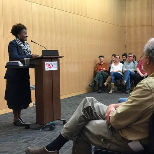 Tracy K. Smith reads from and discusses 'American Journal' at the APK State Library, Archives & Museum in Juneau, Alaska. August 29, 2018. Credit: Mary Lou Gerbi.