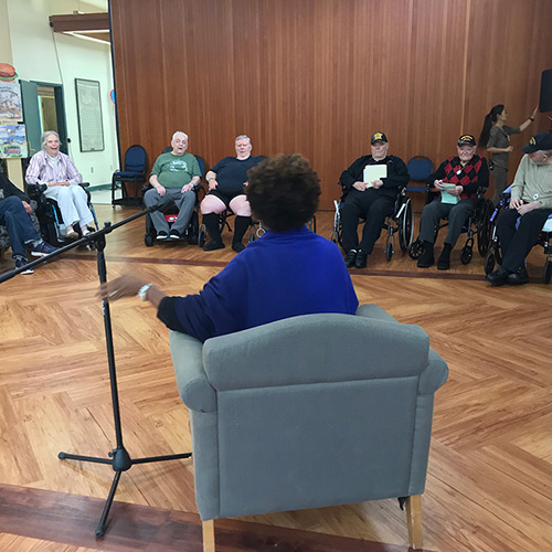 Tracy K. Smith speaks to a private gathering at Alaska Veterans and Pioneers Home in Palmer, Alaska. August 27, 2018. Credit: Rob Casper.