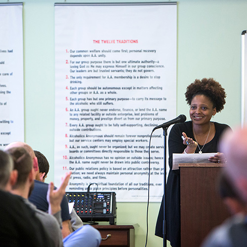 Tracy K. Smith conducts a reading and discussion at the Men's Addiction Recovery Campus in Bowling Green, Kentucky. March 16, 2018. Credit: Shawn Miller.