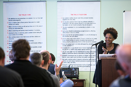 Tracy  K. Smith conducts a reading and discussion at the Men's Addiction Recovery  Campus in Bowling Green, Kentucky. March 16, 2018. Credit: Shawn Miller.