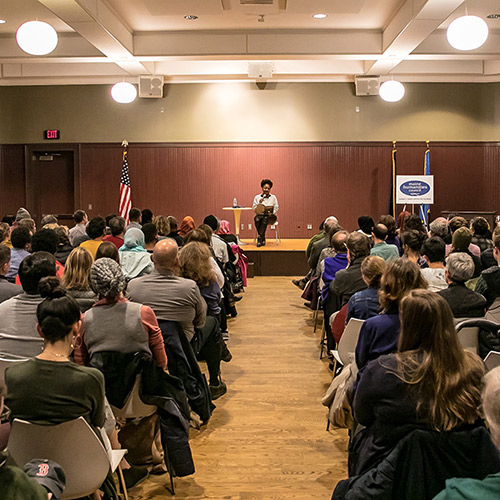 Tracy K. Smith reads from her poetry collection, 'Wade in the Water,' at the Lewiston Public Library in Lewiston, ME. November 1, 2018. Credit: Erik Peterson.