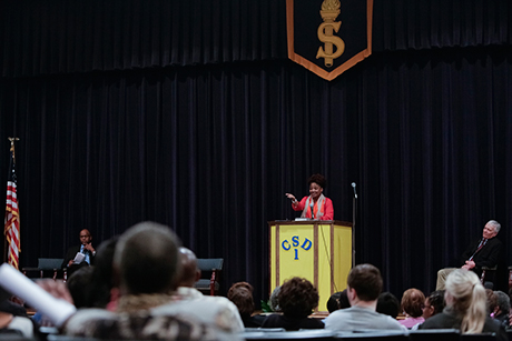 Tracy K. Smith conducts a reading and discussion at Summerton High School in Summerton, South Carolina. February 23, 2018. Credit: Shawn Miller.