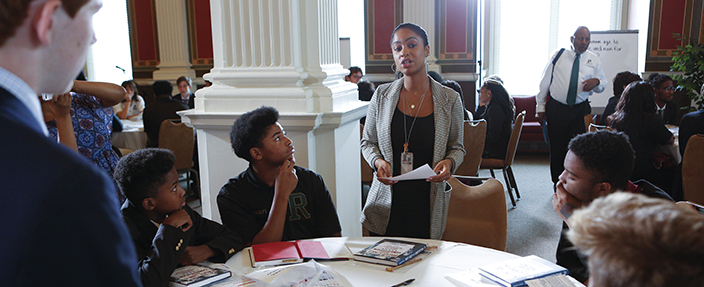 Law Library staff member Tynesha Hubbard facilitates conversation about Constitutional rights during an event with authors Cynthia and Stanford Levinson and the Library of Congress Law Library celebrating Constitution Day, September 17, 2018. Photo by Shawn Miller/Library of Congress.